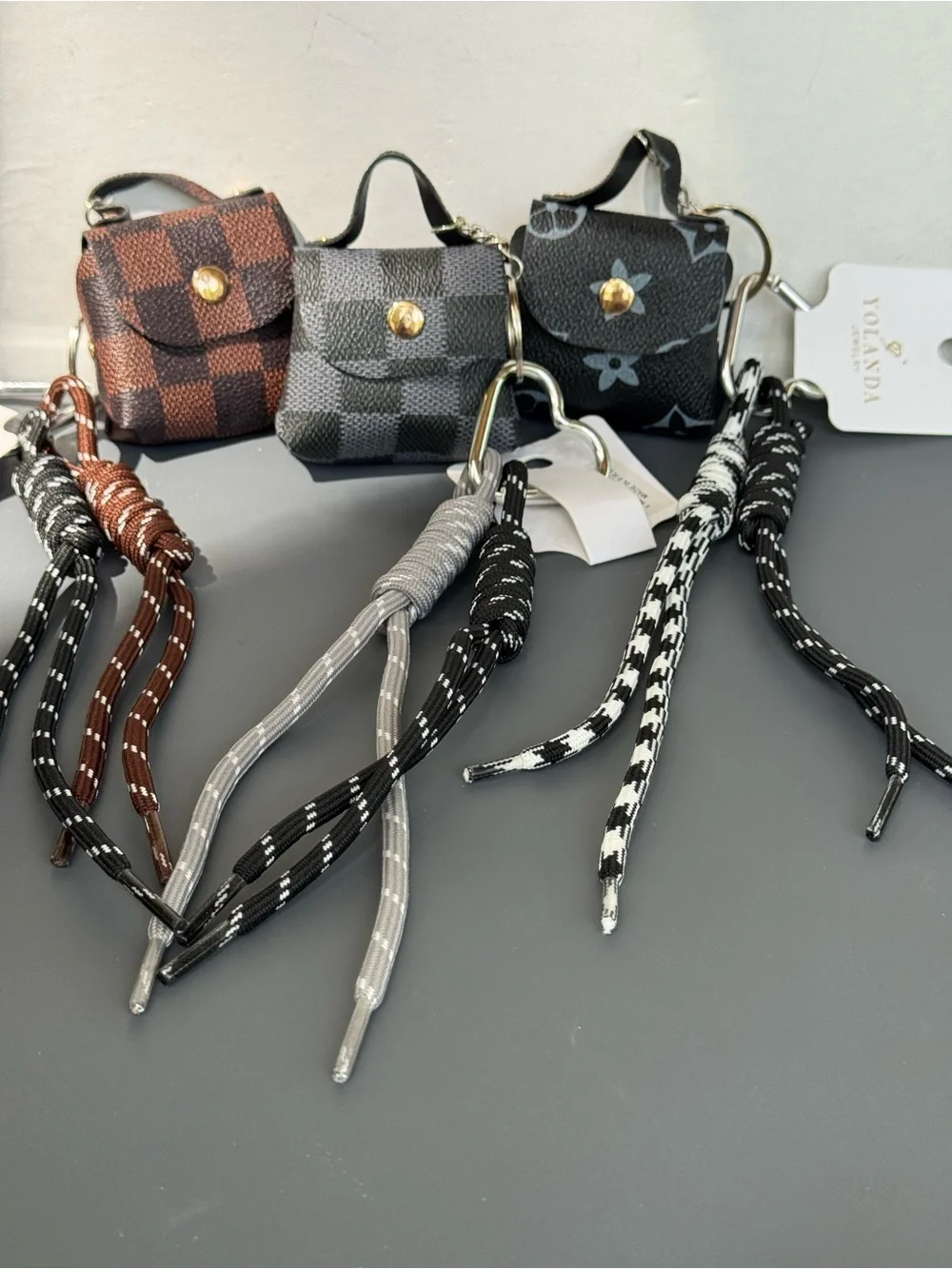 Mini Monogram Print Black Faux Leather Micro Mini Bag Keychain Bag Charm